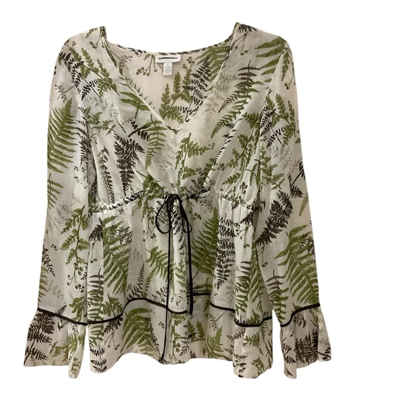 None Tops - Lightweight Blouse, 55% Silk, 45% Cotton, White and Green Leaf Print, Sz 12